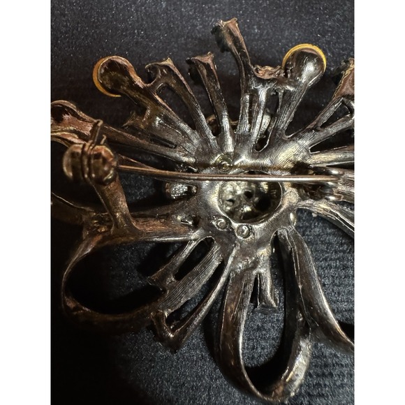 Vintage Rhinestone Starburst Flower Statement Brooch Black Champagne - Picture 13 of 14